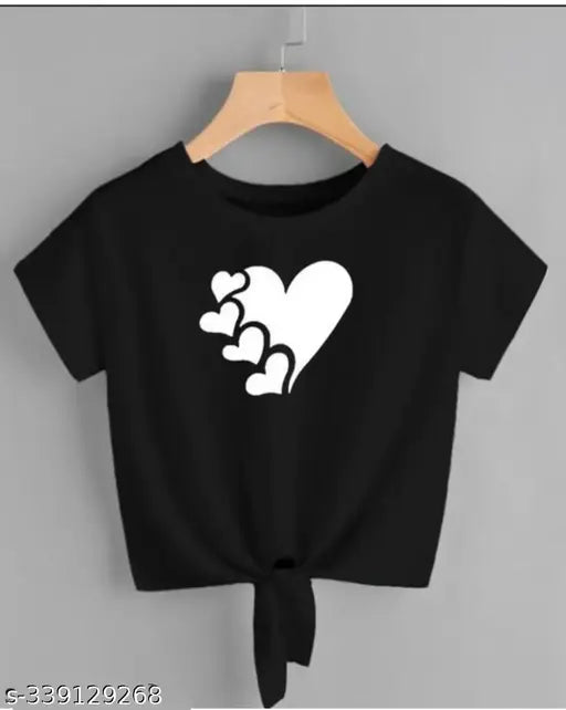 Black Lycra crop top with 5 heart printed knot design for women, trendy style on mannequin