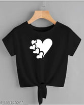 Black Lycra crop top with 5 heart printed knot design for women, trendy style on mannequin