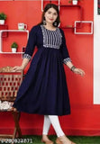 Blue rayon Anarkali embroidery kurti with three-quarter sleeves, XXL size, India origin