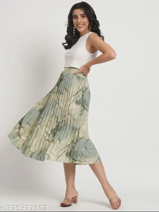 Printed polyester A-line midi skirt with pleats, elastic waistband, and lining. Marble elegance design for spring, autumn, or winter wear." (121 characters)