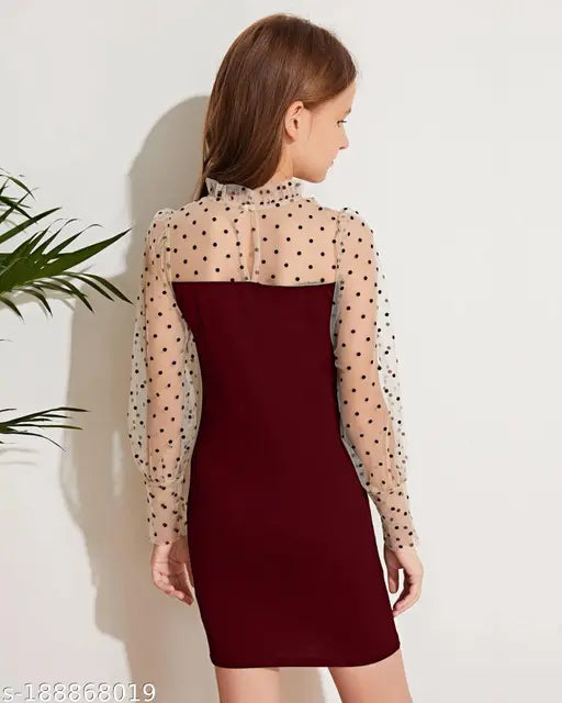 Maroon cotton blend round neck dress, long sleeves for girls aged 3-14 years, KUDUZO brand originating from India