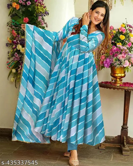 Sky color georgette long-sleeve printed kurti, traditional Indian fashion for party wear or wedding events, available in sizes S-XXL