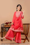 Rayon peach embroidered anarkali set with dupatta and sharara, Indian festive collection for women