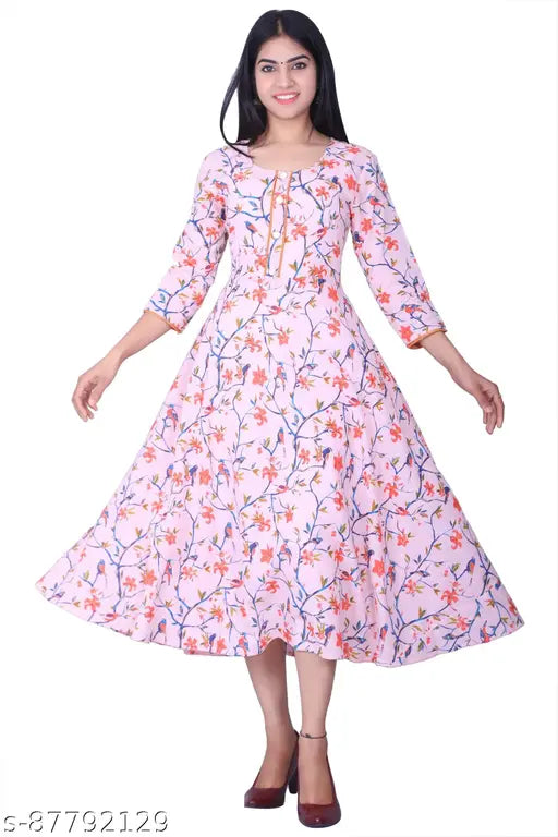 Multicolor cotton floral print Anarkali kurti with three-quarter sleeves, vibrant Indian fashion garment