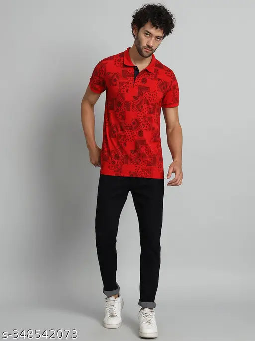 Red cotton blend men's printed short sleeve T-shirt by XFOX, India