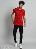 Red cotton blend men's printed short sleeve T-shirt by XFOX, India
