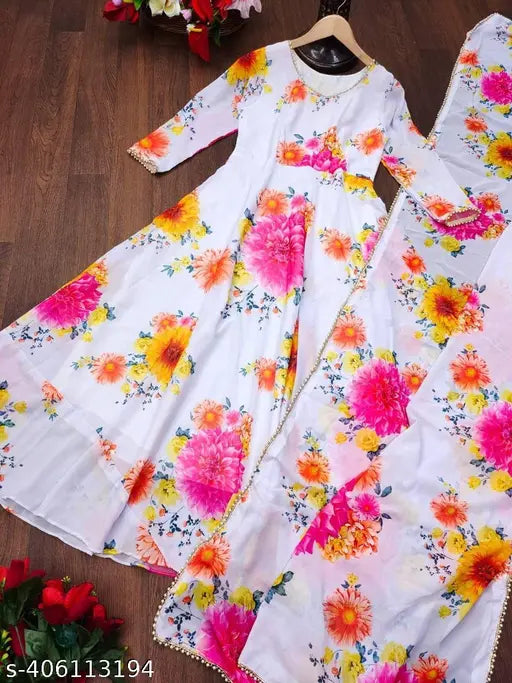 Georgette floral printed long line gown with dupatta set - Women's trending Indian wedding/party wear in multiple sizes