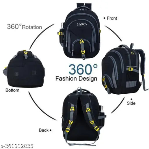 Black polyester waterproof Myron laptop backpack, perfect for school or college travel with 5 compartments and mesh bottle holder