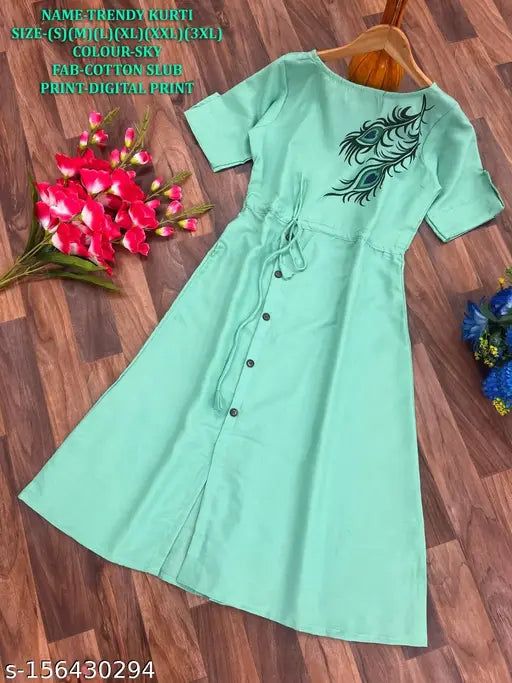 Designer slub cotton printed half-sleeve Anarkali Kurti for women & girls - Ideal for parties, casual or office wear. Indian origin