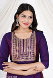 Art Silk purple embroidered A-line retro kurti for women, featuring three-quarter sleeves and multiple sizes available from S to 5XL. Made in India