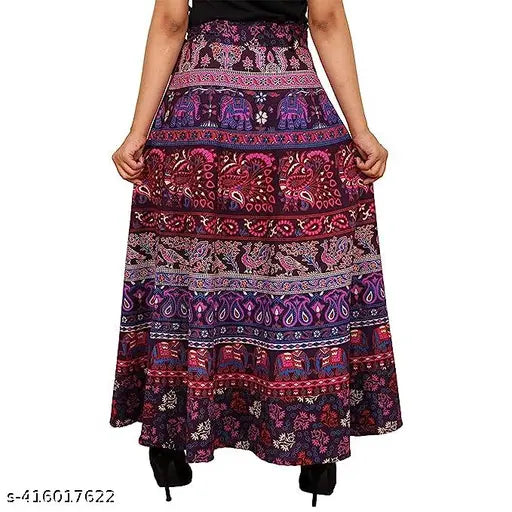 Blue and Purple Pack, Women's Cotton Sanganeri Jaipuri Print Long Wrap Skirt, Indian Gujarati fashion maxi skirt on display
