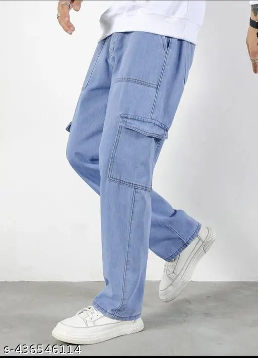 Light blue oversized cotton cargo pants for men, solid pattern, multiple sizes available from 28-36 inches