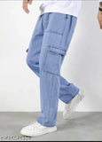 Light blue oversized cotton cargo pants for men, solid pattern, multiple sizes available from 28-36 inches