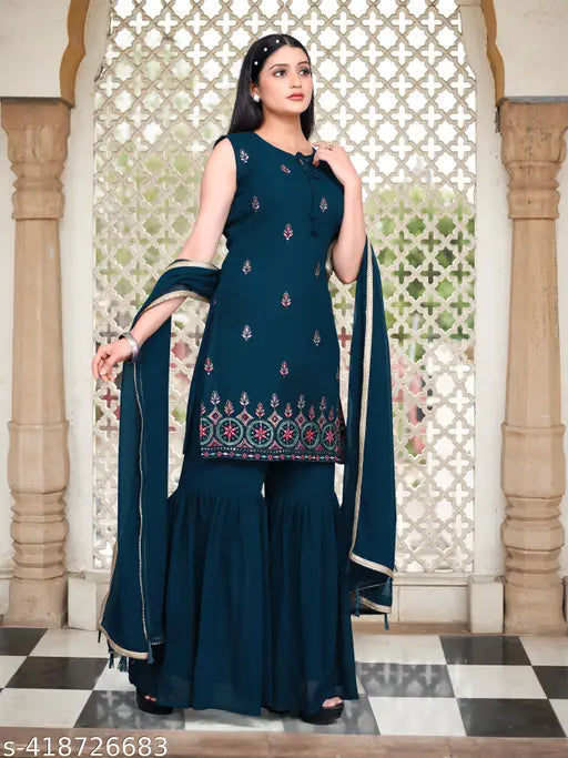 Georgette embellished kurti palazzo set with dupatta, sleeveless, India-made