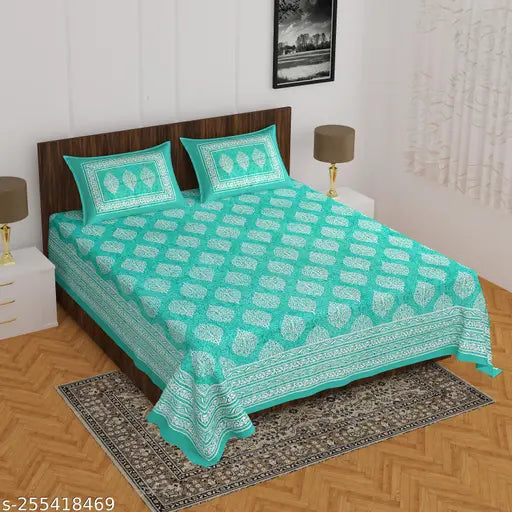 White pure cotton double bed flat sheets (90x100), botanical print, 2 pillow covers, ideal for summer, BEDZONE