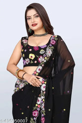 Black Georgette saree with embroidered blouse, Indian fashion statement for special occasions