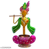 Metal Krishna Ji decorative T-light holder, intricately detailed metal idol, versatile home/garden decor item (6.5 x 11.5 x 3 inches, country of origin: India)
