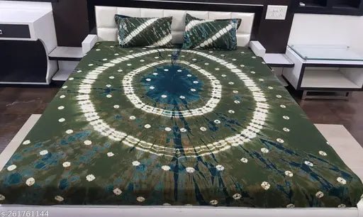 Dark green & green tie-dye cotton double bedsheet, vibrant Rajasthani Bandhani design, ideal for summer adult bedrooms