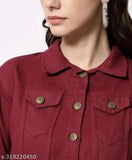 Maroon denim women's jacket, solid pattern, long sleeves (S - Bust: 34in, Length: 20in), made in India