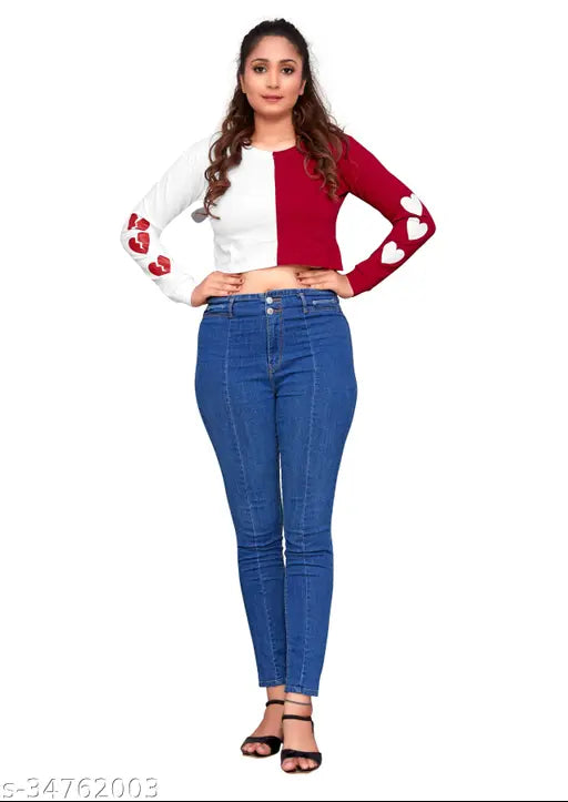 Printed heart design crop top, 95% cotton 5% lycra, long sleeves, popular brand PALS, women's casual wear