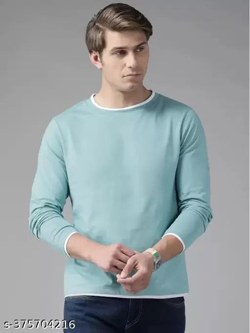 Light blue pure cotton long sleeved men's colorblock round neck T-shirt, 100% cotton premium quality, perfect for daily life