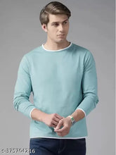 Light blue cotton blend long sleeves men's colorblock round neck T-shirt, perfect for casual wear in any season
