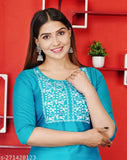 Art Silk embroidered kurti for women, A-line straight cut with three-quarter sleeves, digital embroidery work on Indian-made fashion