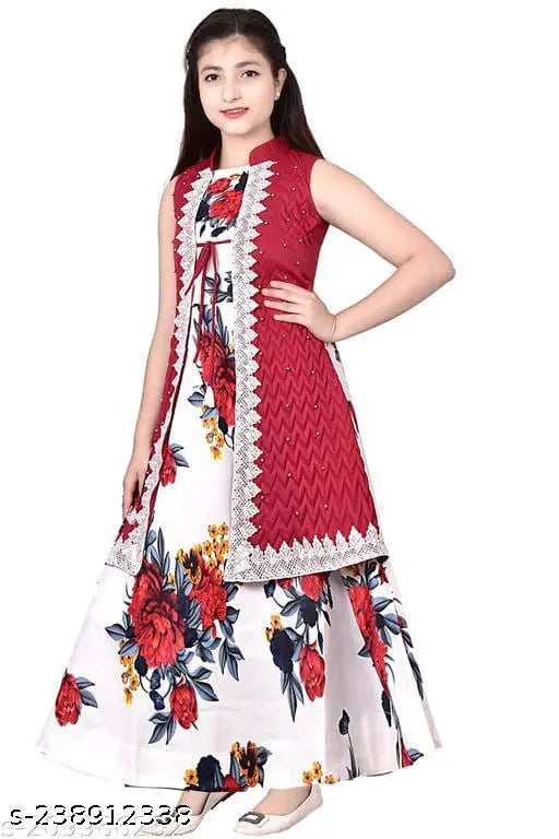 Green cotton blend ethnic gown, printed net floral design, single pack, 3-6 years sizes