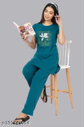 Green cotton night suit with beautiful print for women, premium quality Indian-made