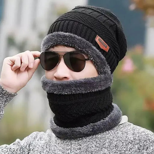 Woolen winter beanie cap set (1pc), snow-proof, stretchable wool hat with fur net pattern, latest fashion for men
