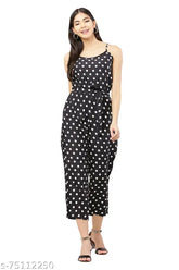 Crepe sleeveless polka-dotted jumpsuit with back chain and belt, self-design, casual party & daily wear