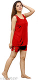 Red satin nightwear top & shorts set, sleeveless and solid pattern, perfect for bedroom or special nights, Indian-origin Ansh Collection