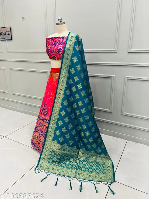 Banarasi Silk Lehenga-Choli & Dupatta, jacquard print, semi-stitched (38in/41in/2.2m), high quality Indian fabric for festivals and special occasions