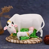 White poly resin Kamdhenu cow and calf showpiece, Indian decorative statues (9cm H x 15cm L x 7.5cm B)