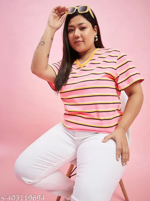 Striped cotton blend half sleeve top, women's solid style with short sleeves, multi printed tie-up design, India origin