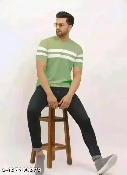 Aqua Blue Retro Striped Polyester Men's Tee - Summer Casual Wear, breathable cotton blend for everyday comfort