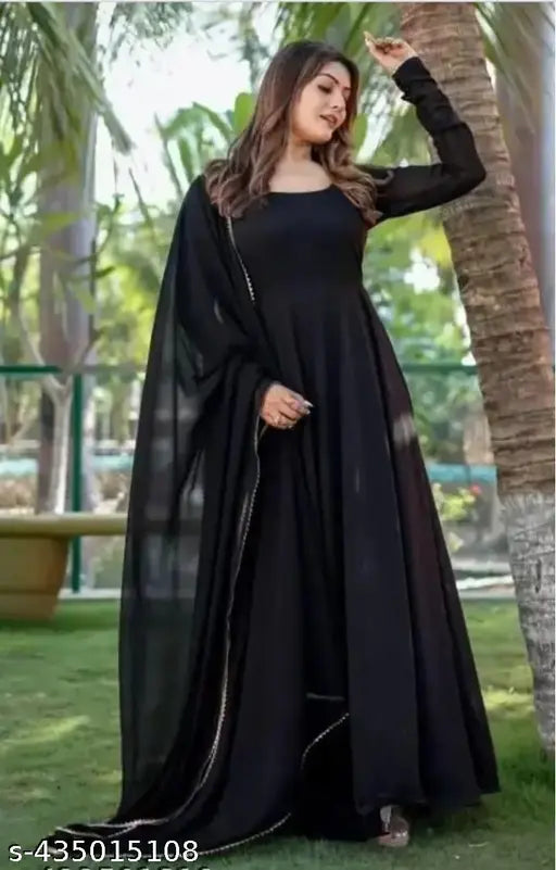 Pari black Georgette long-sleeve solid dress, Indian-made beautiful gown with stylish dupatta