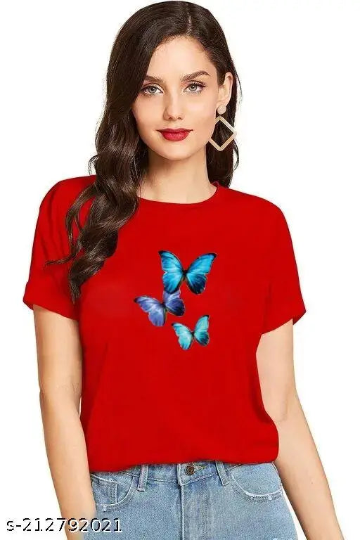 Blue Butterfly Printed Cotton T-shirt for Women & Girls (Pack of 1) - ELEVAJAET women's stylish and trendy top for summer or parties, ideal for everyday wear with jeans or trousers