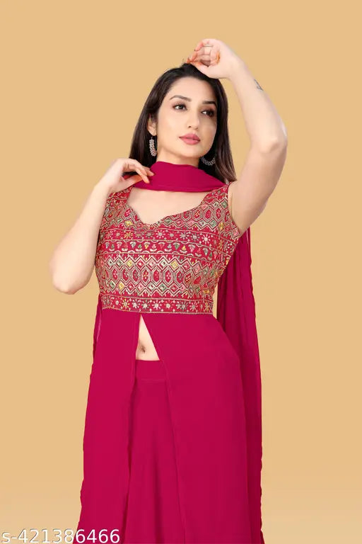 Designer embroidered Georgette 3-piece set, sleeveless kurta with dupatta and bottomwear, ready-to-wear Indian fashion, vibrant thread work on display