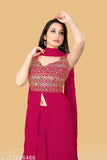 Designer embroidered Georgette 3-piece set, sleeveless kurta with dupatta and bottomwear, ready-to-wear Indian fashion, vibrant thread work on display