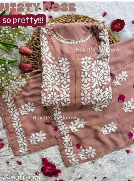Rayon Chikankari Work Kurta and Palazzos, embroidered net Indian kurta set with rayon bottomwear in sizes L and XL