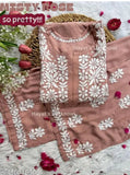 Rayon Chikankari Work Kurta and Palazzos, embroidered net Indian kurta set with rayon bottomwear in sizes L and XL