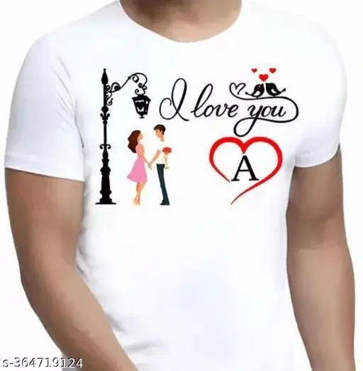 White polyester men's alphabet T-shirt, 'I LOVE YOU' design in heart tree pattern, short sleeves