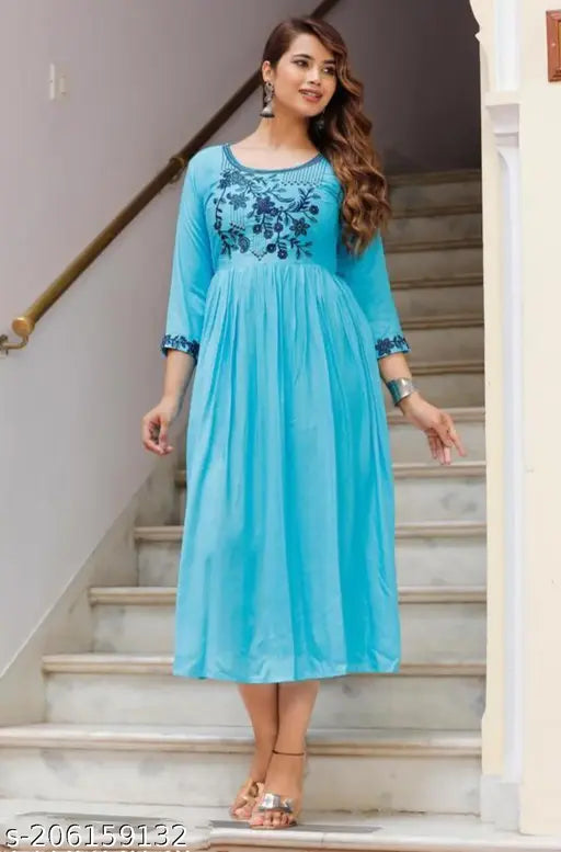 Mint blue rayon kurtis with embroidered patterns, three-quarter sleeves for women, various sizes available