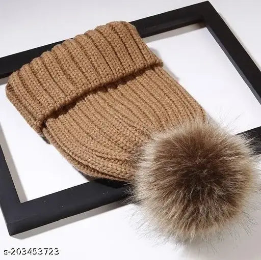 Wool-blend beanie hat, mixed autumn/winter colors, fur-trimmed curls - Tomkot fashion warm ladies hat