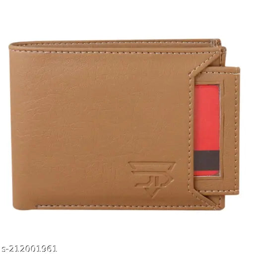 Brown faux leather men's bi-fold wallet, ultra slim design for daily use, holds cards, coins, and cash. New stylish artificial leather men's wallet with secret card slots and coin pocket