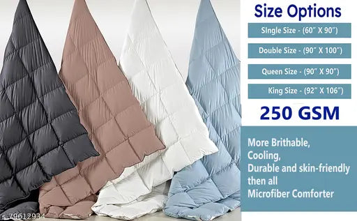 Beige microfiber all-season comforter, 250 GSM, single bed size (152cm x 228cm), ultra soft and fluffy, with siliconized microfiber down alternative. Perfect for sweet dreams on any size bed