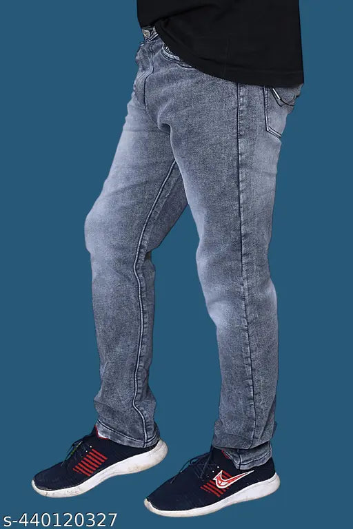 Grey stylish denim for men's wardrobe, solid grey denim jeans with 42-inch length, sizes 28, 30, 32, 34, 36 - Made in India (Grey men's denim pants on hanger)