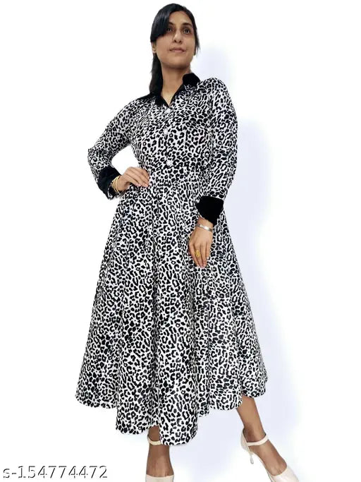 Leopard print velvet kurti gown, women's single size M/L/XL, Indian origin, comfortable fashion