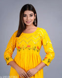 Pink, blue, white, and red embroidered rayon gown with three-quarter sleeves - Indian craftsmanship